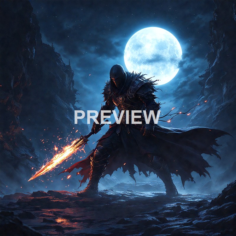 A dark armored figure wielding a fiery sword stands on rocky terrain under a bright full moon, with a cloudy sky and rugged cliffs in the background.